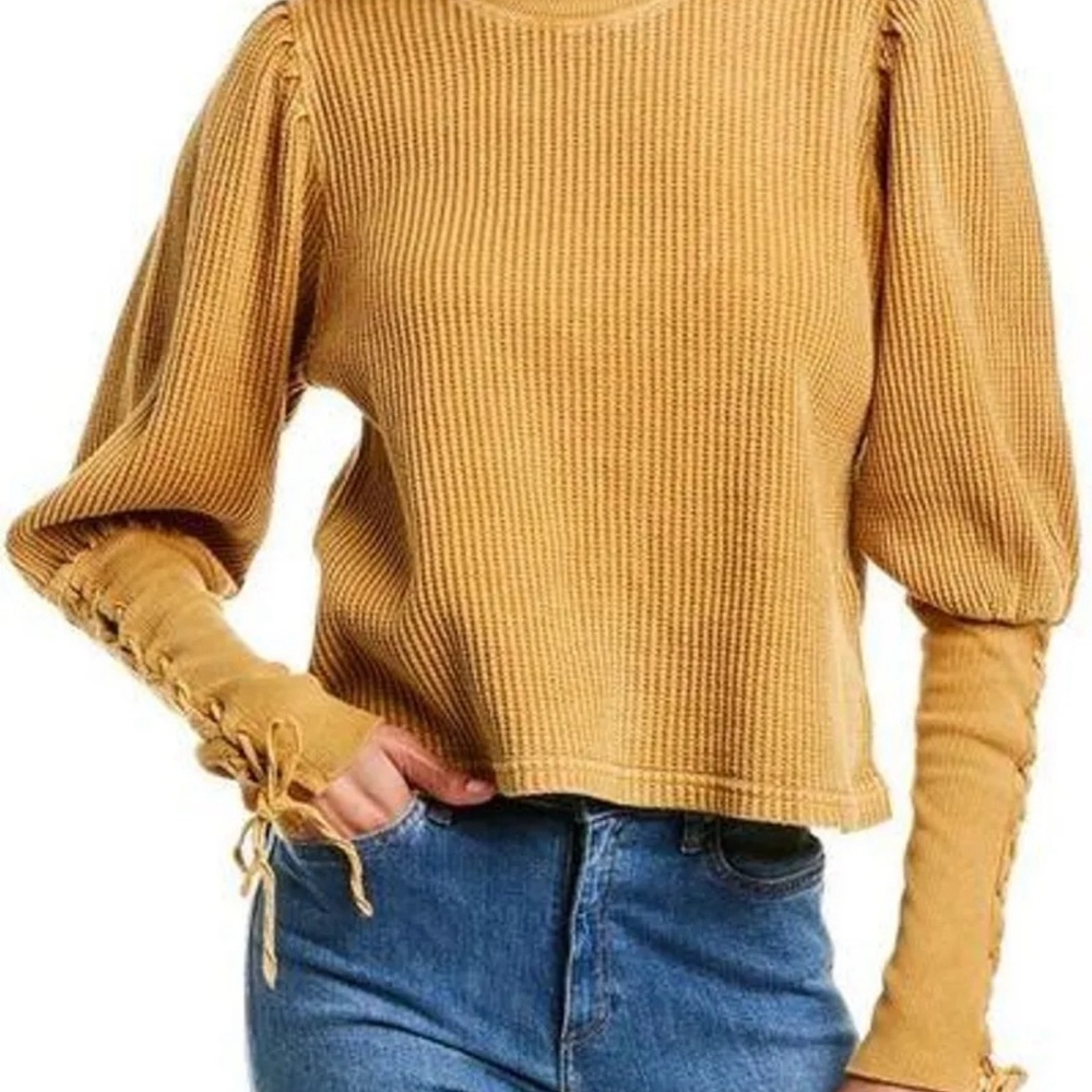 Free People Tasha Thermal Lace-up long sleeve Victorian Juliet top gold size M